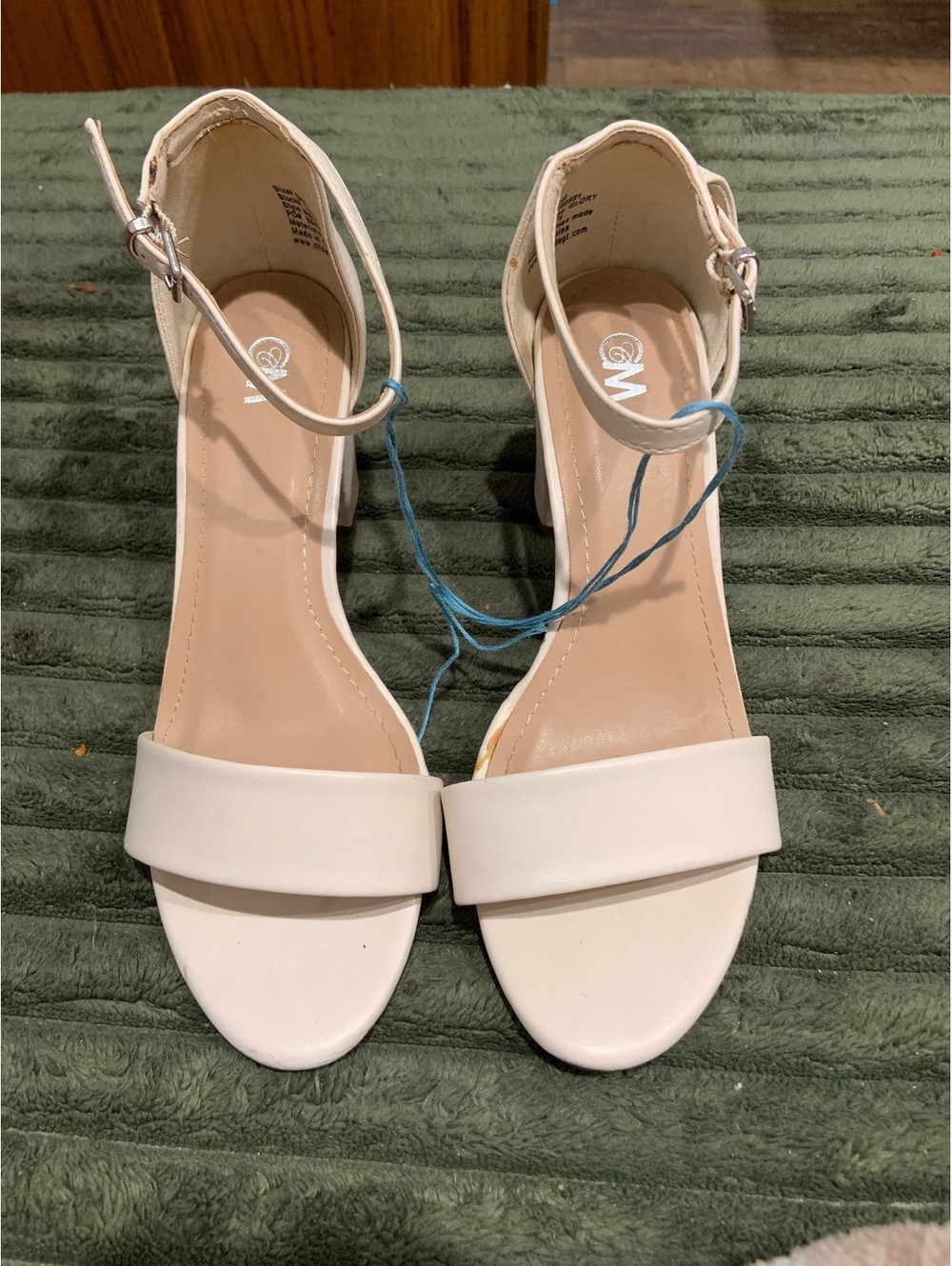 White ankle strap block heel sandals